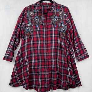 Zara Woman Premium Red Plaid Embellished Button Down Long Sleeve Tunic Top XS